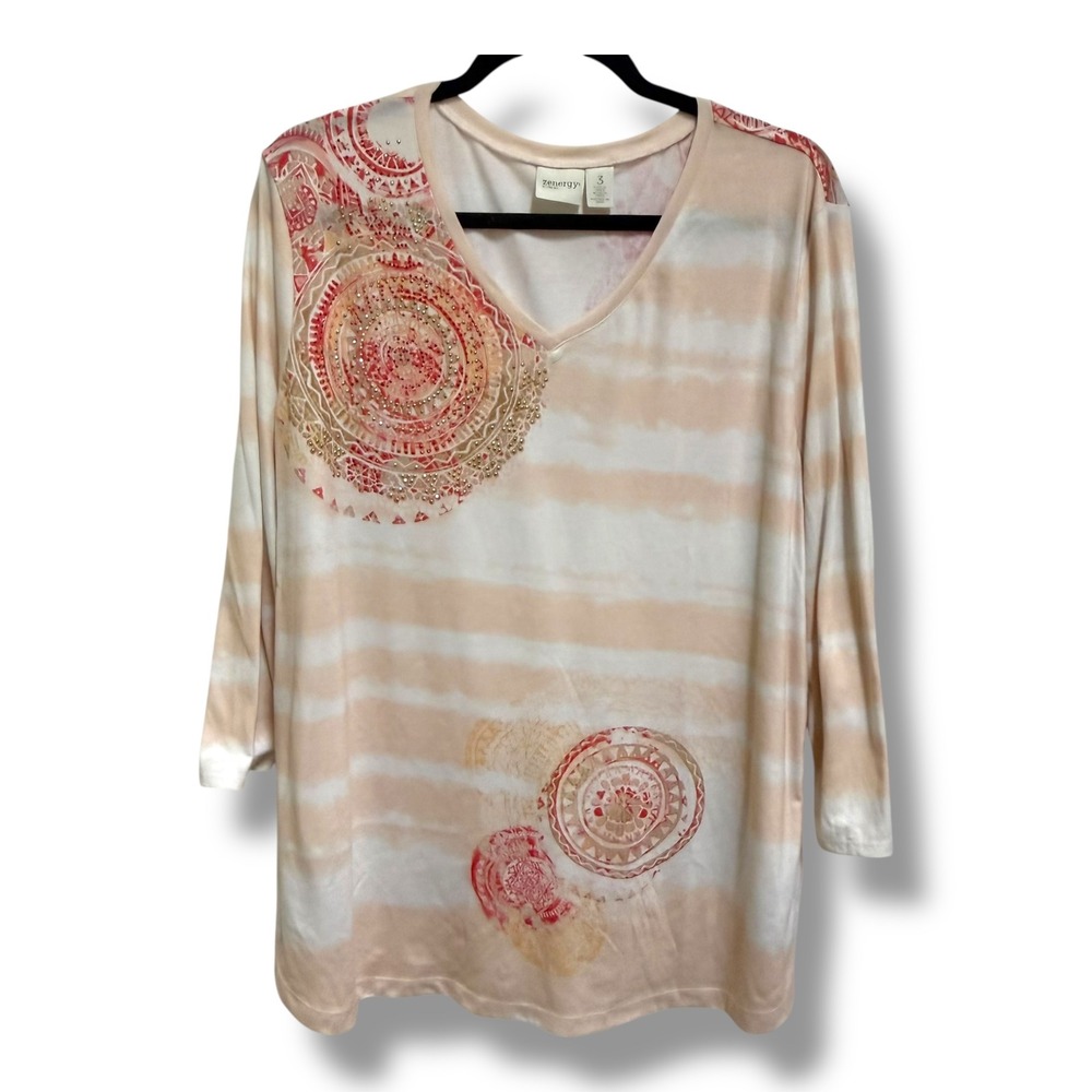 Zenergy by Chicos Womens Peach Striped Mandala Studded V-Neck Knit Top 3 XL 16